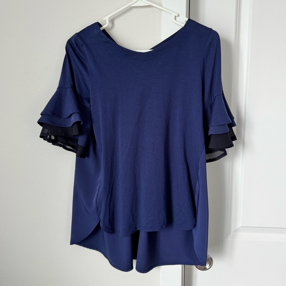 Anela Lux Navy Blue and Black Blouse Size 9 Bow Ruffle Business Casual Fall